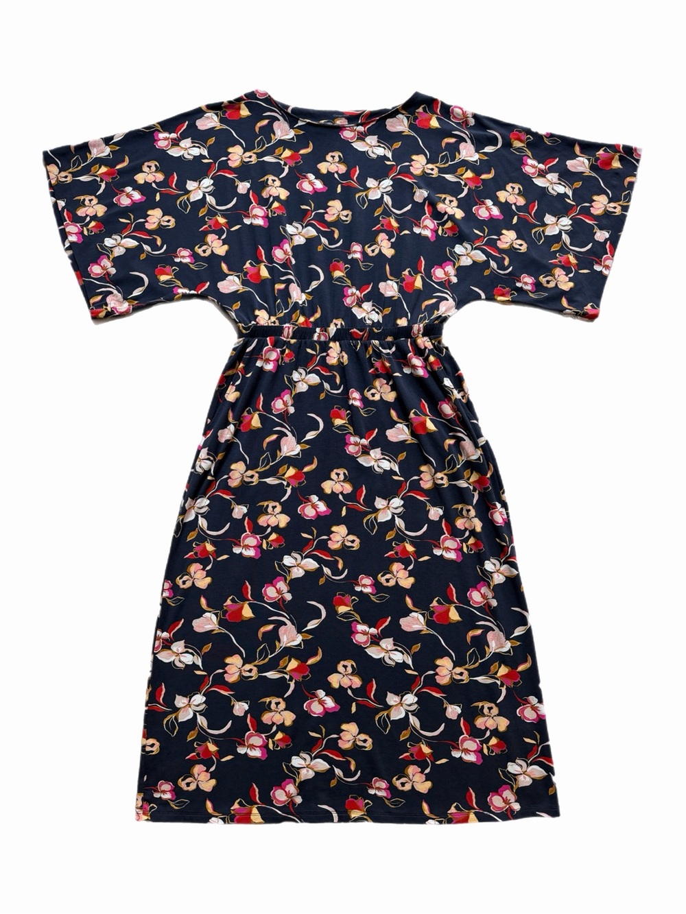 Garnet Hill Prato Jersey Maxi Dress M Navy Blue Floral Kimono Sleeves Pockets - Picture 9 of 9